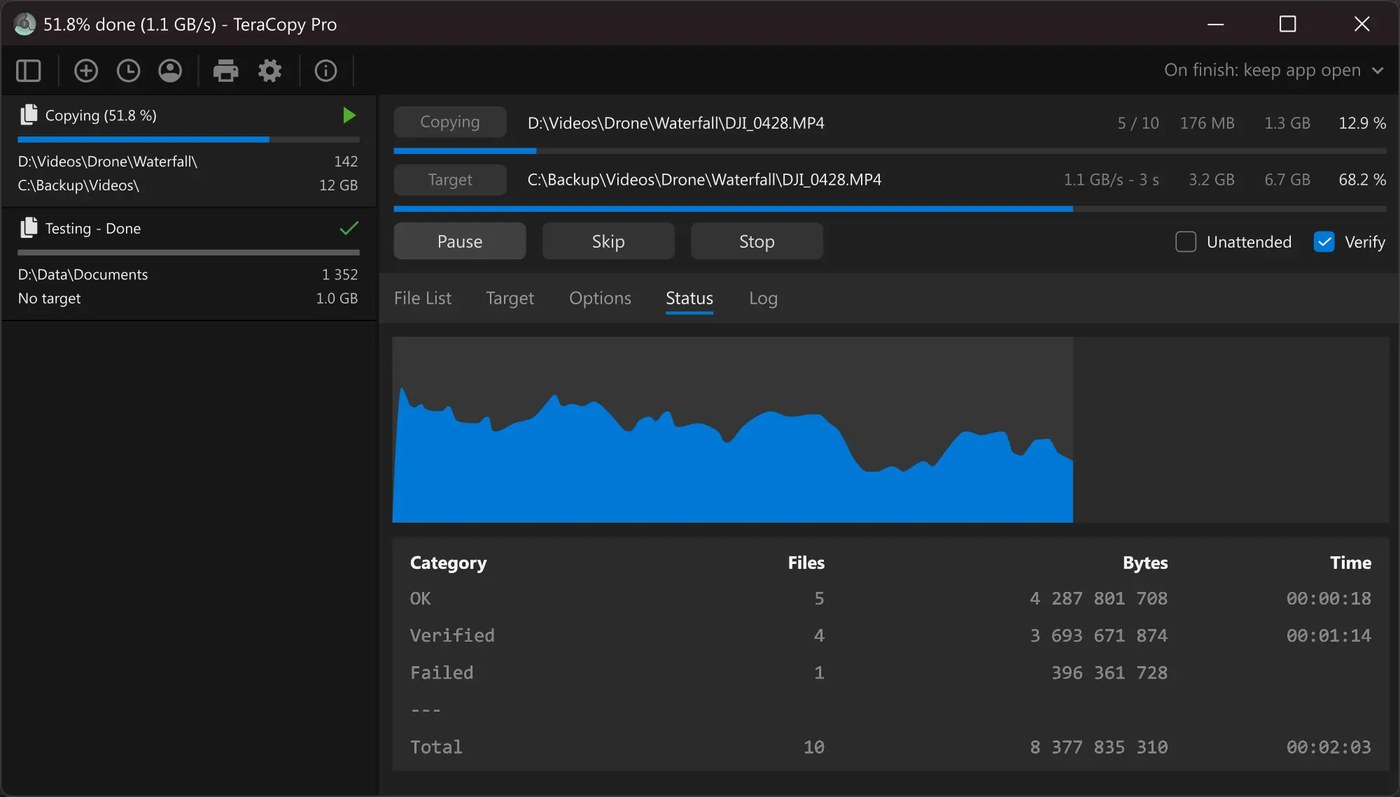Интерфейс TeraCopy в Windows